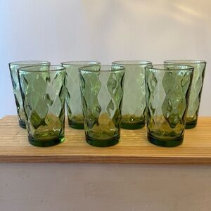 Vintage MCM Hazel Atlas Green Juice Glass Diamond Optic Green 6 oz Set of‎ 7